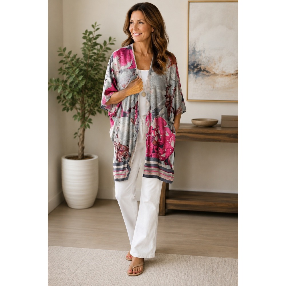 Chico's Floral Kimono Pink Gray Sweater Cardigan Bloomcore Outerwear XL Mature